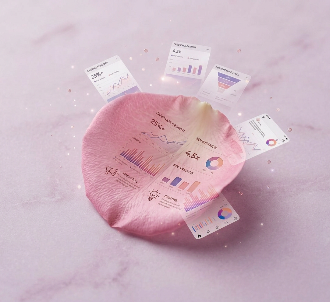 Marketing data visualization on flower petal Pink flower petal with floating marketing campaign growth, ROI analysis, and engagement charts